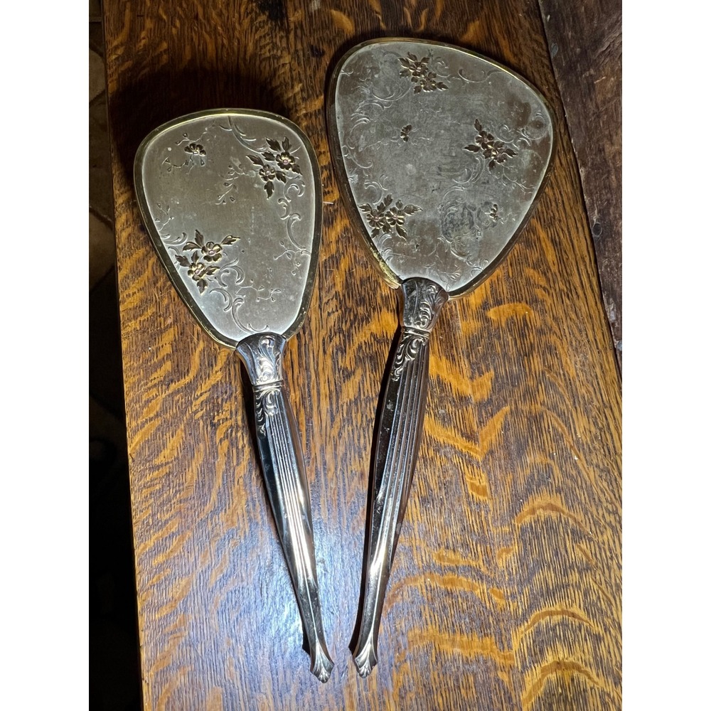 VTG Holywood Regency Floral Silver Gold Tone Hand Mirror & Hair Brush Vanity Set